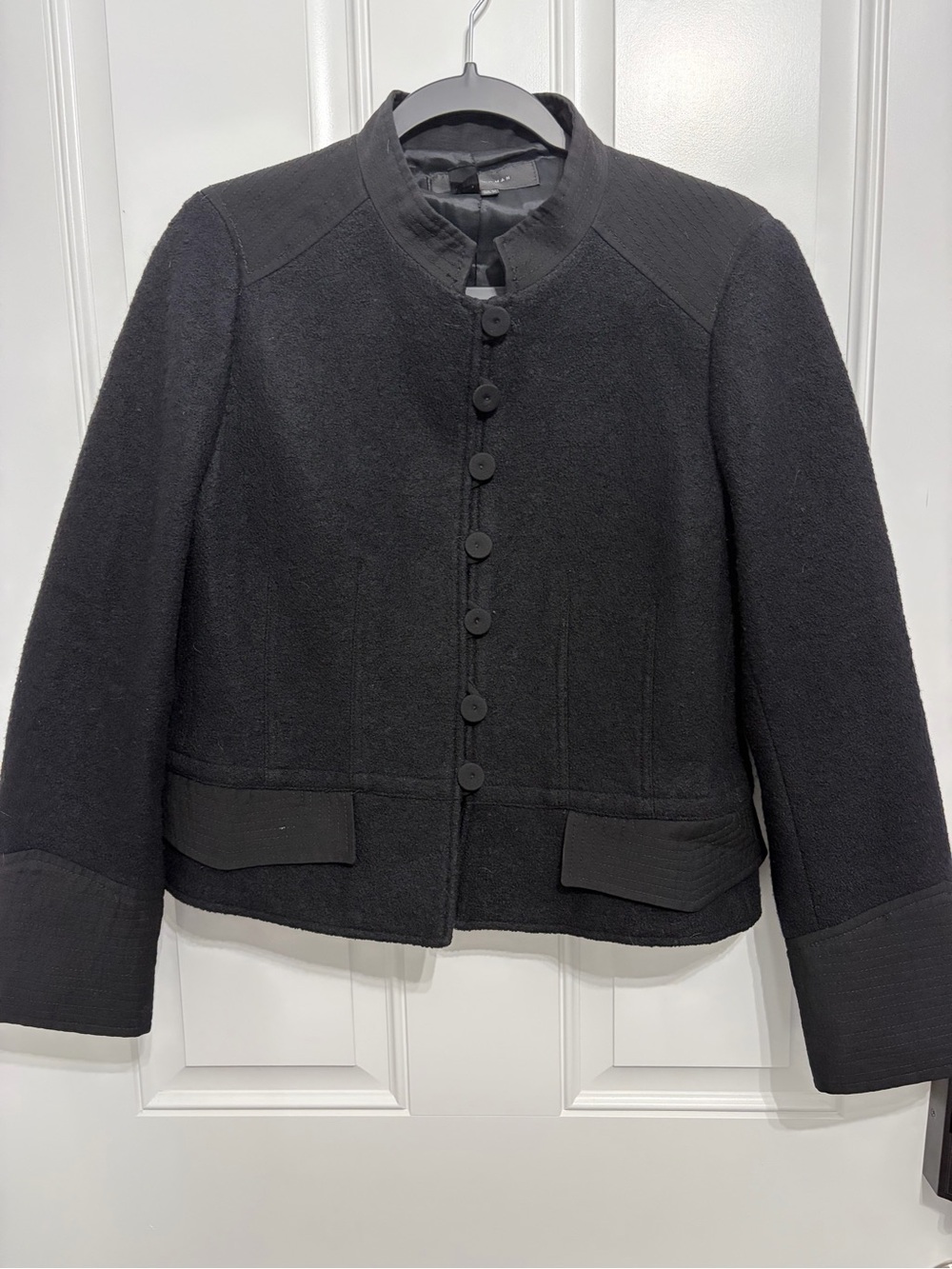 Zara Woman Black Textured Cropped Mandarin Collar Button Jacket